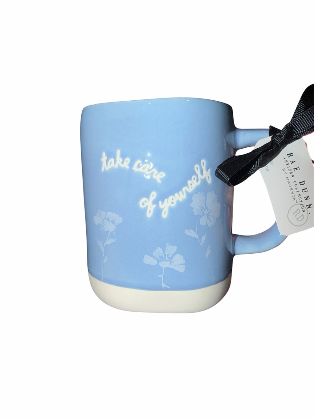 Rae Dunn Blue Floral 'Take Care of Yourself' Ceramic Mug. NWT